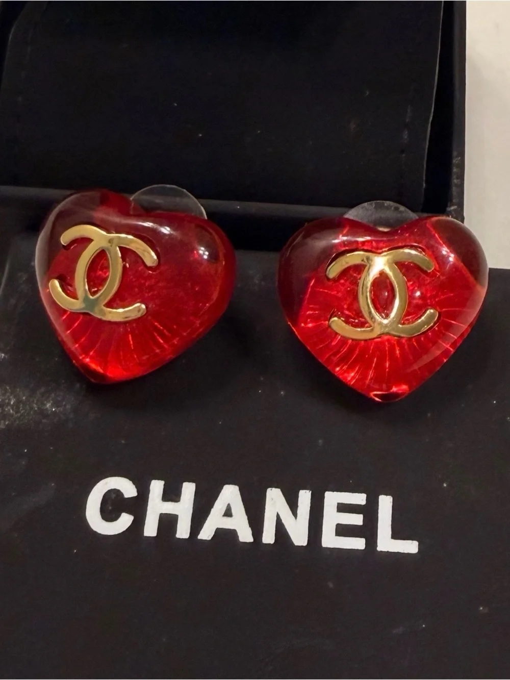 CHANEL Gold CC Red Heart Clip-On Earrings